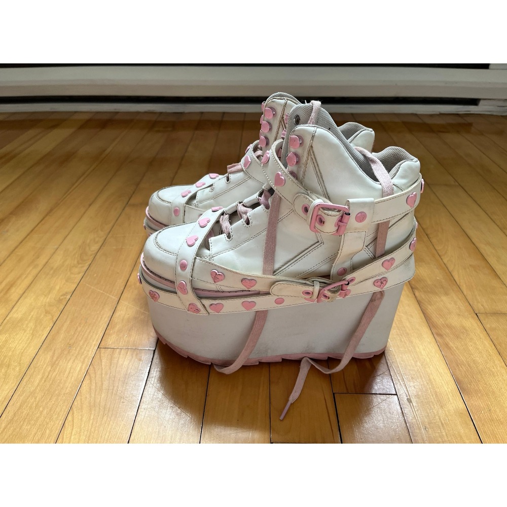 YRU Qozmo Bondage Heart White Pink Platform Sneakers High Top Shoes Size 8